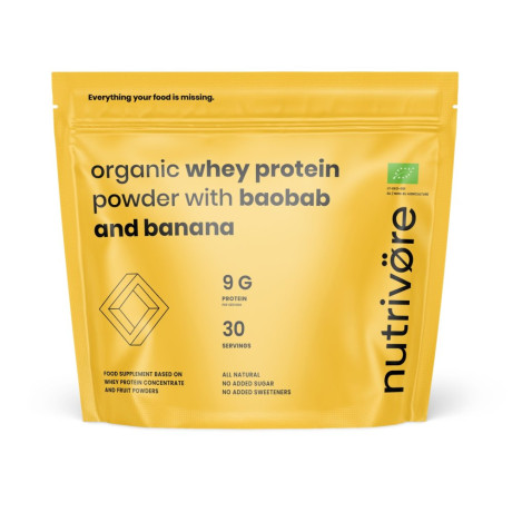Nutrivore Bio tejsavó protein koncentrát por porciálból, európai forrásokból, prebiotikumokkal és gyümölcsökkel, 450 g