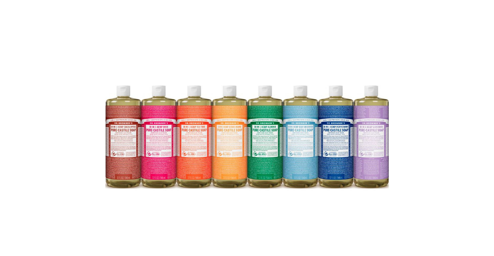 Doporučené použití a ředění univerzálních tekutých mýdel Dr. Bronner's